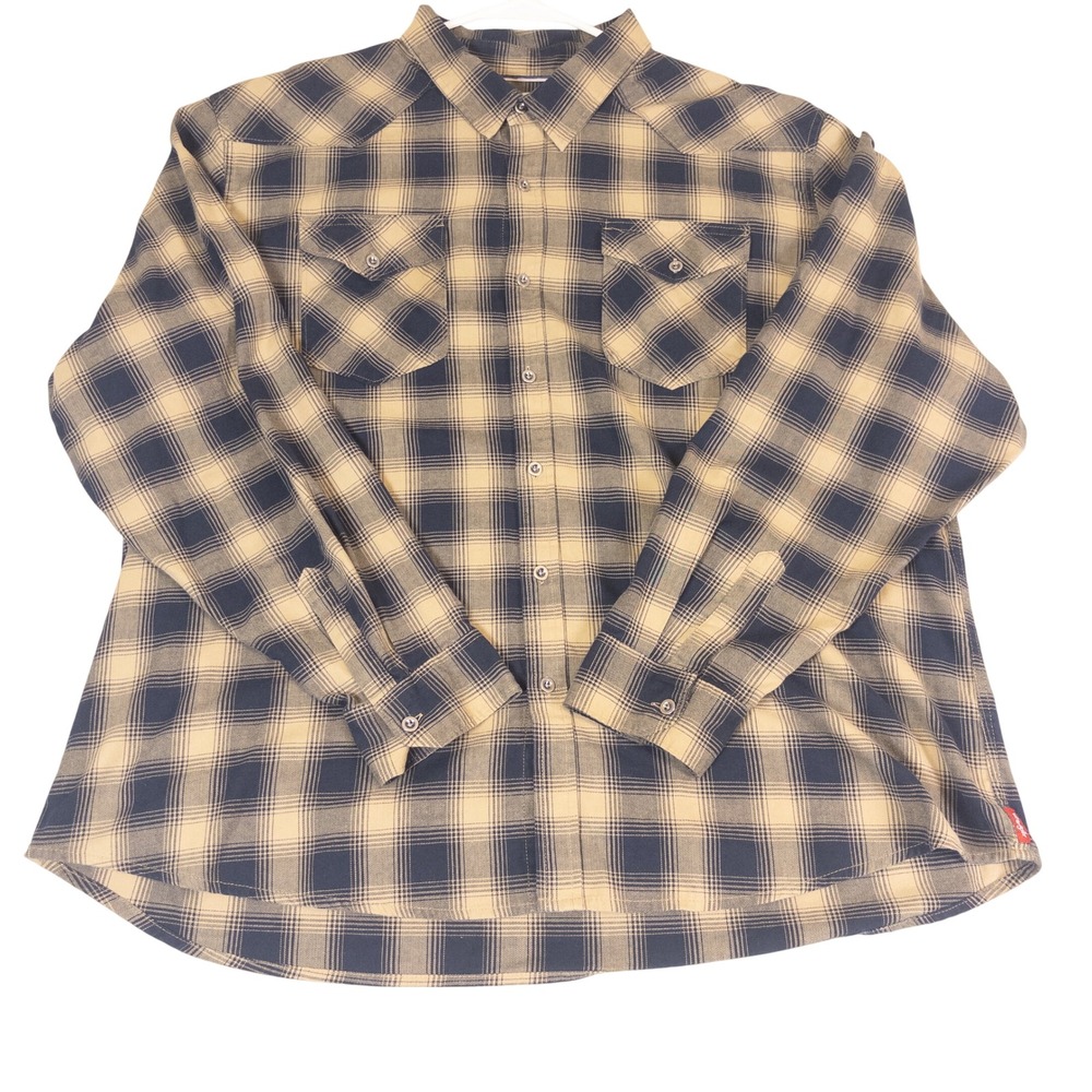 Wrangler Mens 3XL Plaid Long Sleeve Button Down Western Shirt Navy Tan